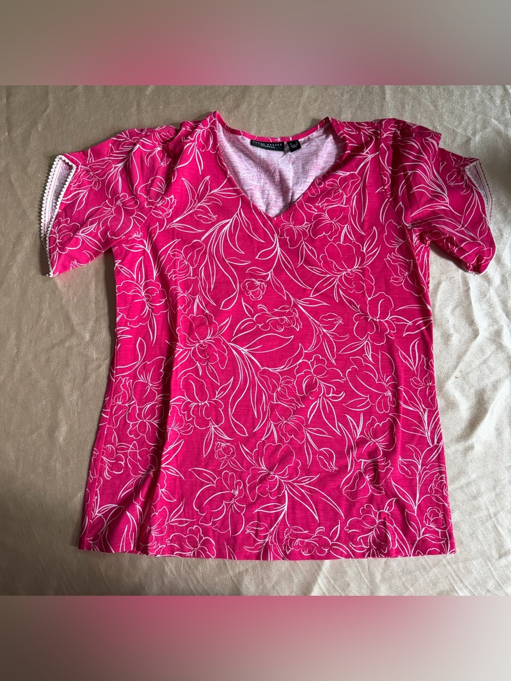 Susan Graver Weekend Textured Cotton Tulip-Sleeve Top with Trim Small A602012